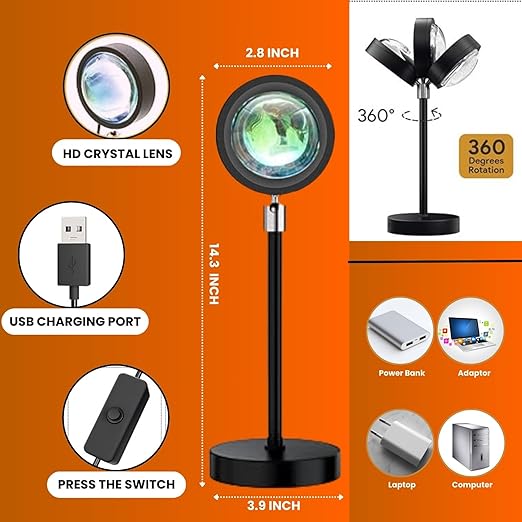 Sunset Lamp Projector 16-Color – 360° Rotating LED Light Desk Lamp with Remote Control